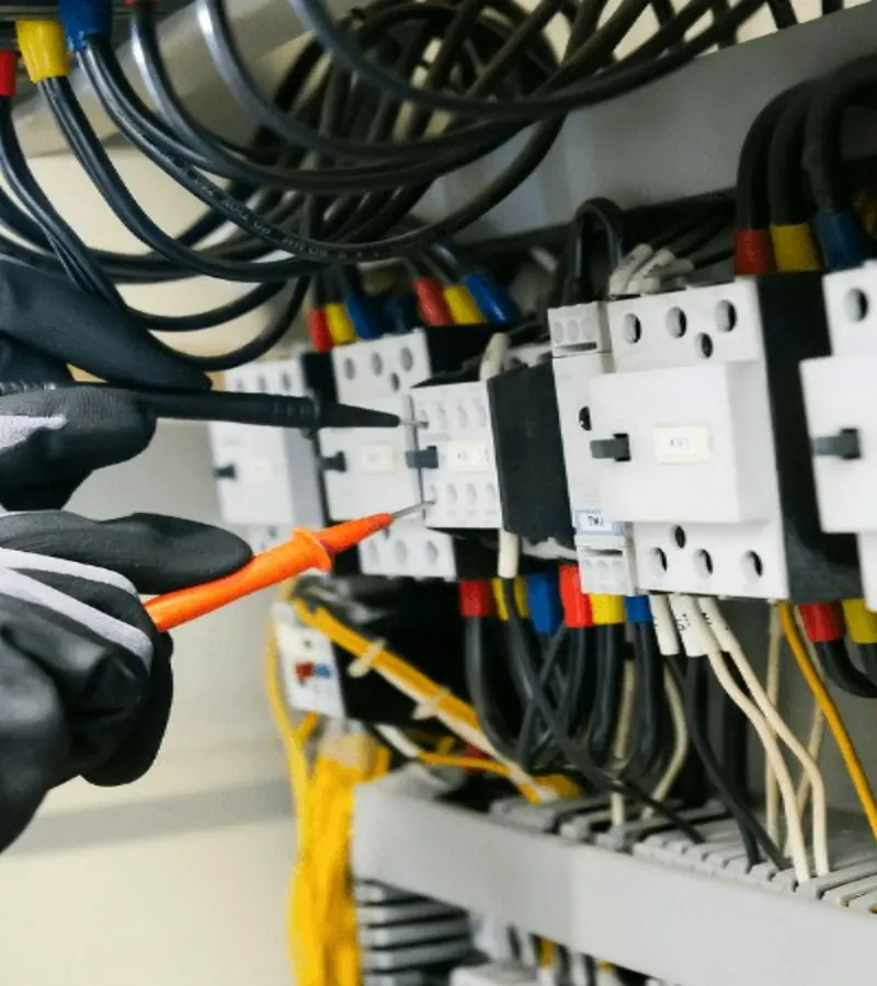 Electrical panel testing with a multimeter during commissioning