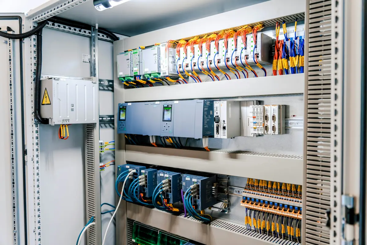 LV distribution panel with breakers and control wiring