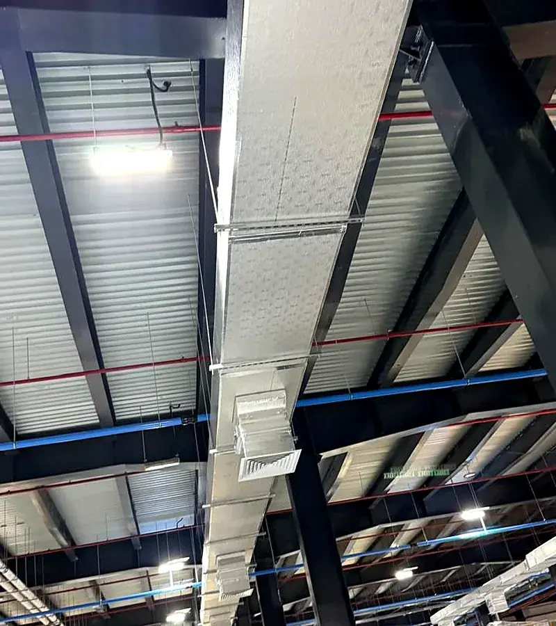Supply air ductwork installed in a warehouse